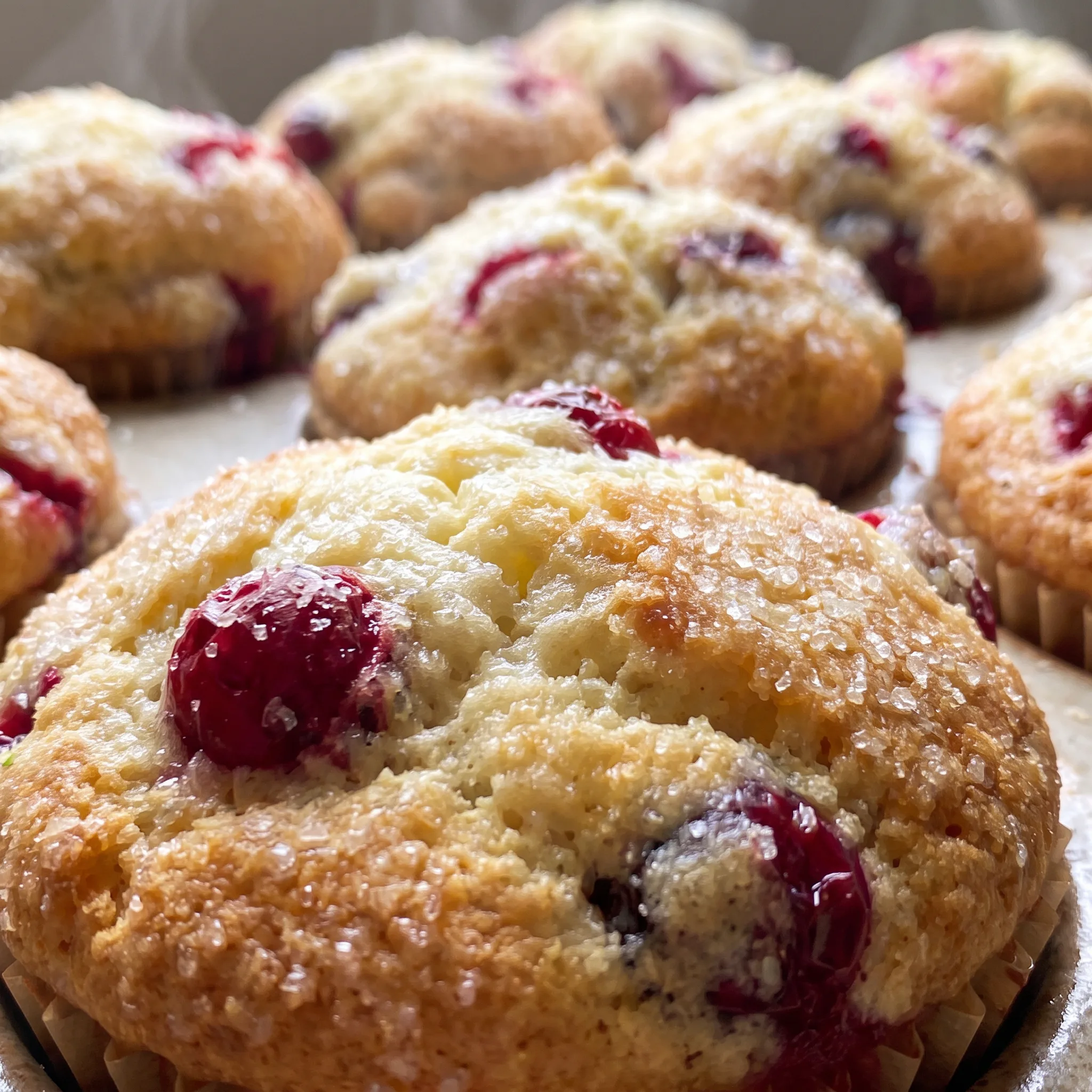 Moist muffin interior studded with tart red cranberries, fragrant with almond extract.