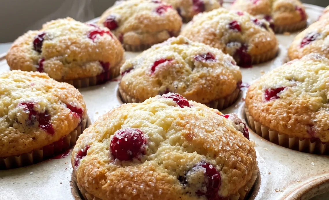 Fresh cranberry muffins with whole red cranberries and almond extract, golden brown tops.
