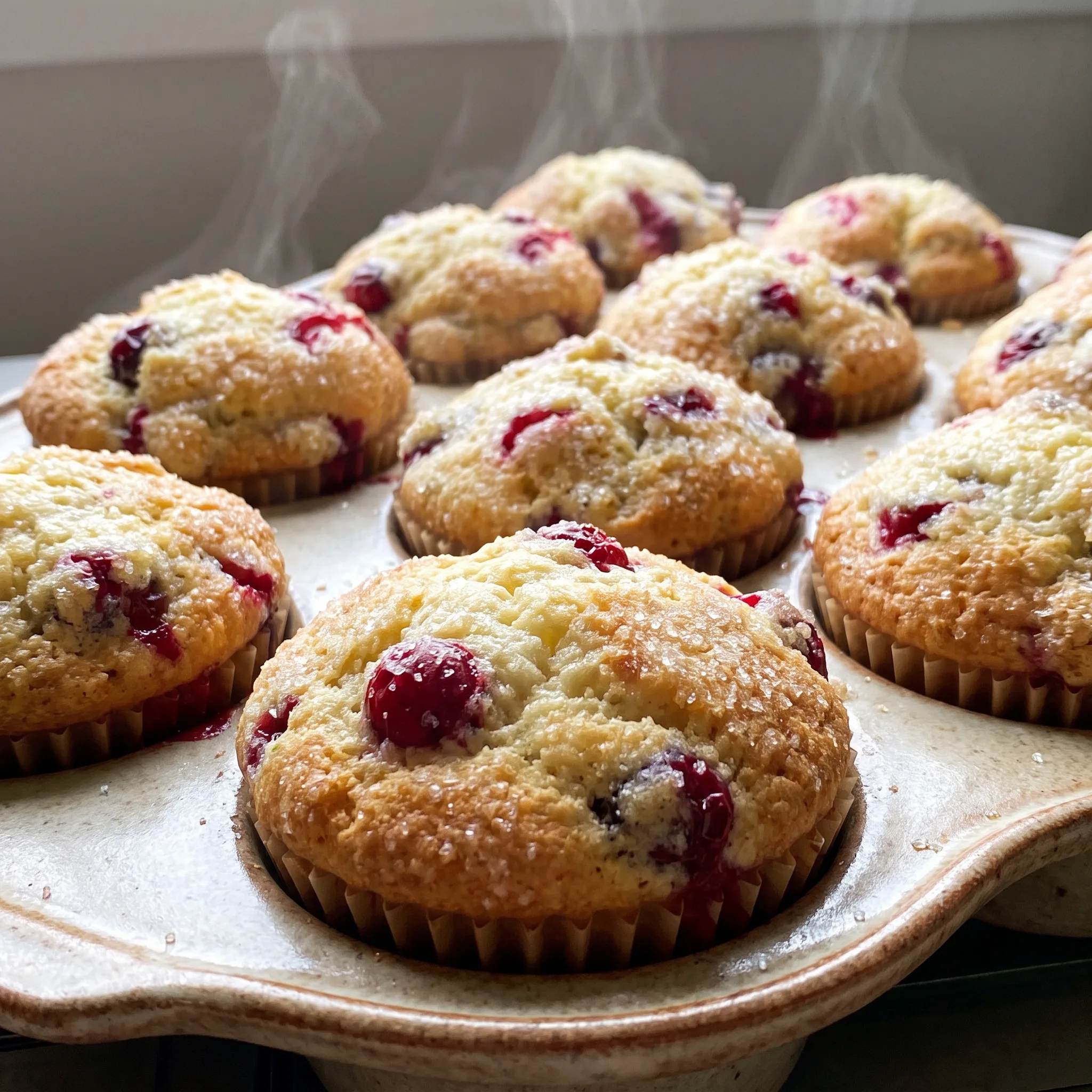 Fresh cranberry muffins with whole red cranberries and almond extract, golden brown tops.