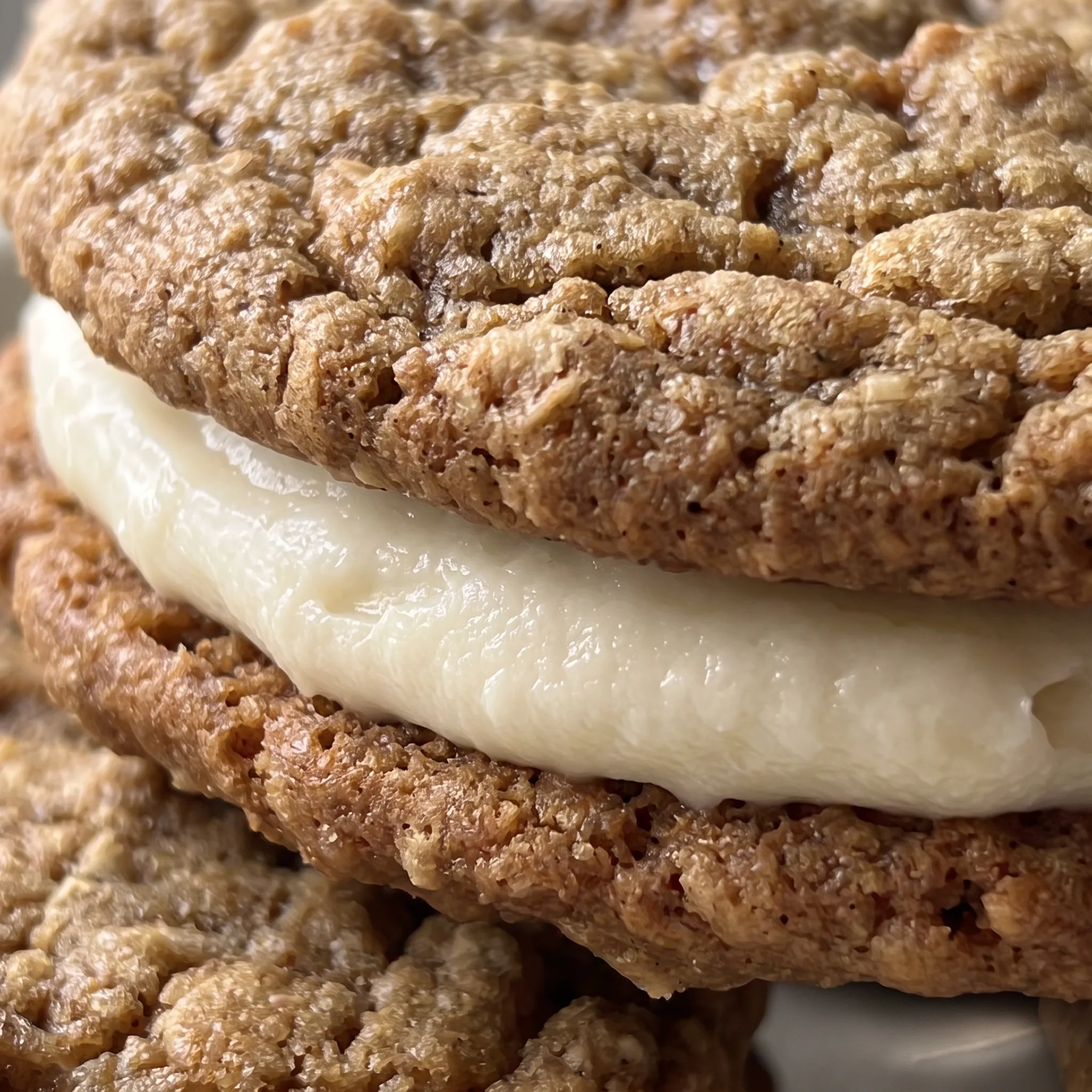 A bite shows soft crumbly oatmeal cookie layers with dark molasses tones pressed against smooth white cream cheese frosting.