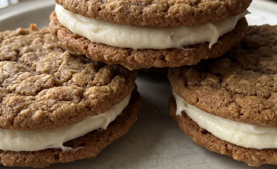 Gingerbread oatmeal cream pies, two dark spiced cookies sandwiching thick white cream cheese frosting, oats visible in the cookie edges.