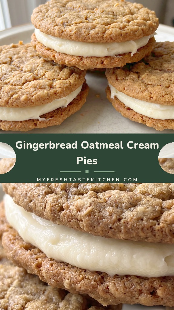 Two golden-brown gingerbread oatmeal cookies sandwiching thick white cream cheese frosting, with molasses and oats visible in the cookies.