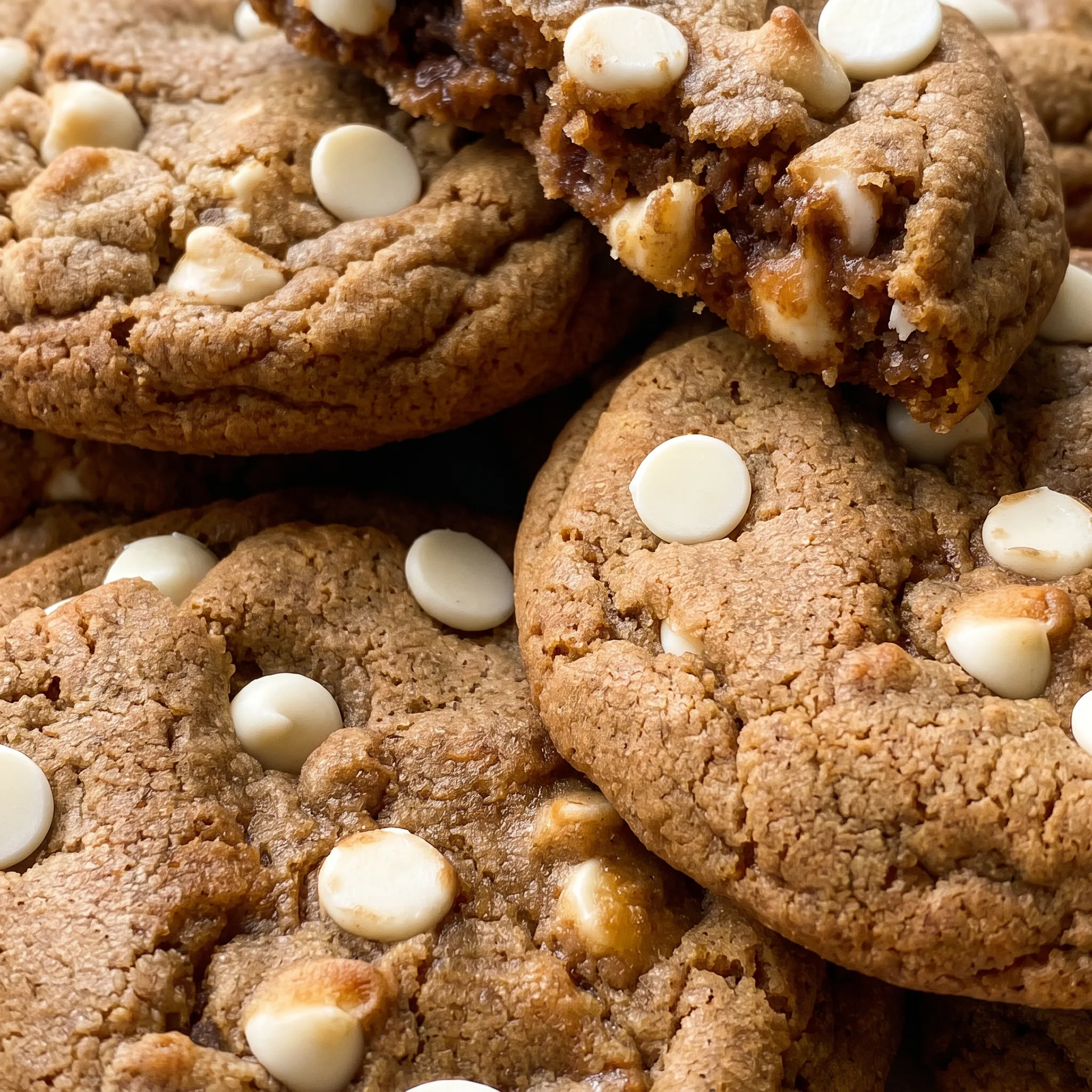 A gingerbread cookie with a glossy molasses sheen, studded with melted white chocolate chips.