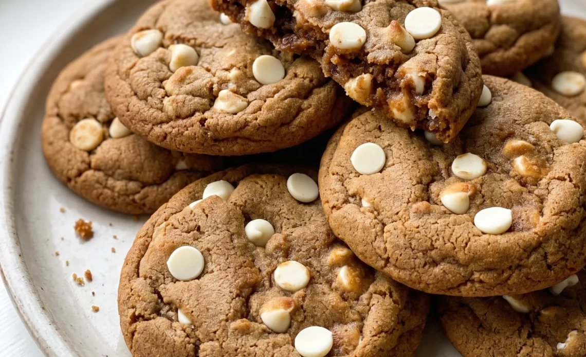 Gingerbread white chocolate cookies with cracked tops, visible molasses, and white chocolate chips.