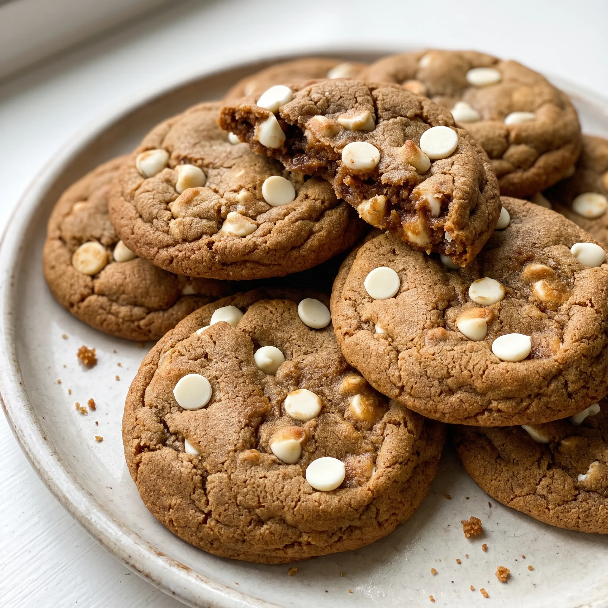 Gingerbread white chocolate cookies with cracked tops, visible molasses, and white chocolate chips.