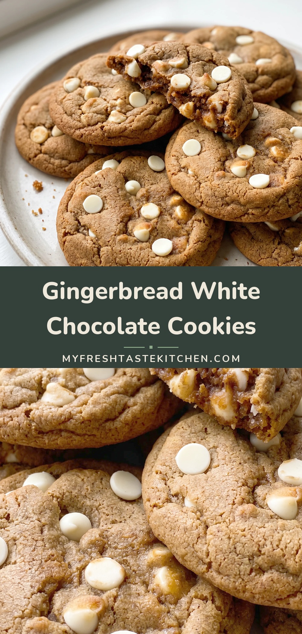 Golden brown gingerbread cookies studded with white chocolate chips, with a cracked top and soft, chewy texture.