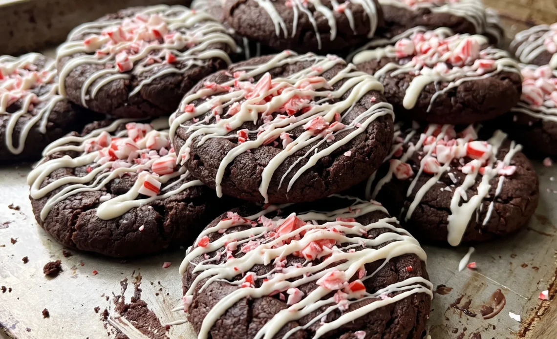 Gluten free chocolate peppermint cookies topped with crushed candy cane and white chocolate chunks.