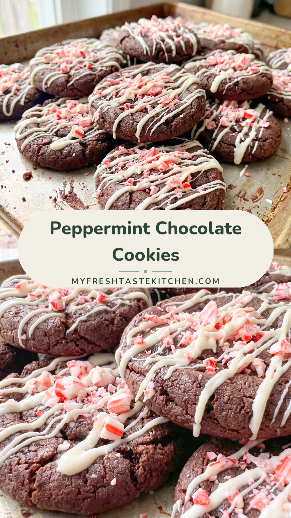 Gluten-free chocolate cookies topped with melted white chocolate, crushed candy canes, and peppermint pieces.