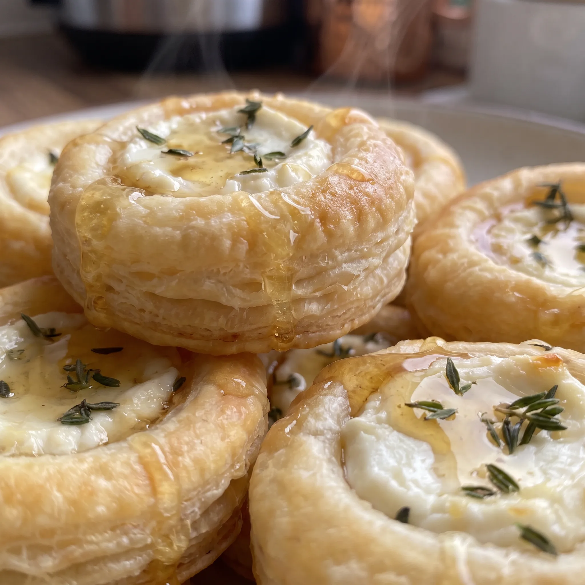 Flaky, golden pastry cups filled with soft white goat cheese, glossy honey pooling in the center, and tiny green thyme leaves.