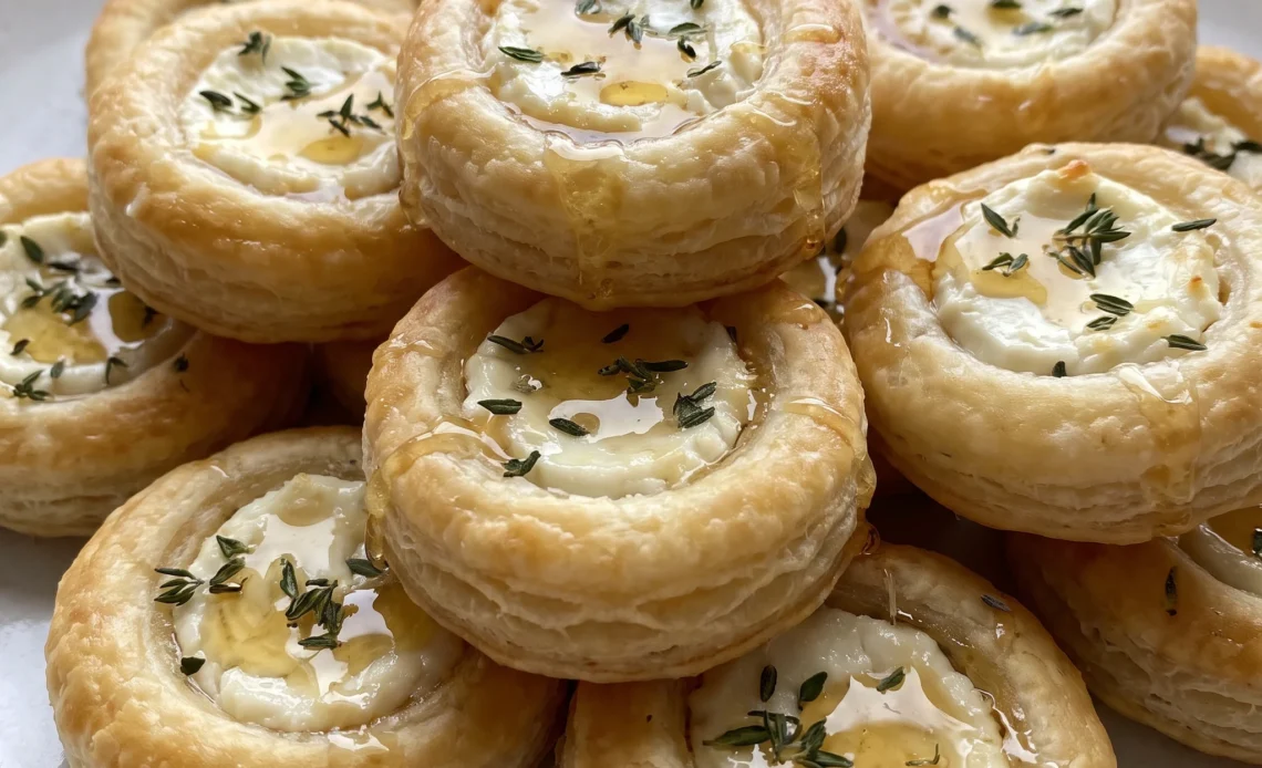 Golden puff pastry bites topped with creamy goat cheese, drizzled with honey, and sprinkled with fresh thyme leaves.