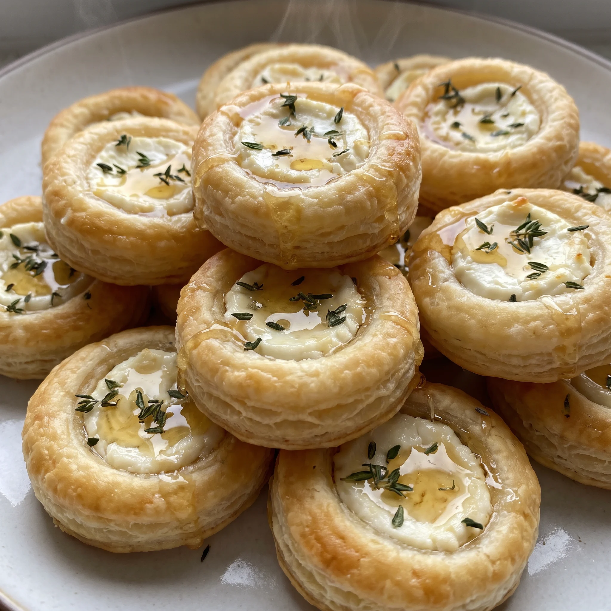 Golden puff pastry bites topped with creamy goat cheese, drizzled with honey, and sprinkled with fresh thyme leaves.