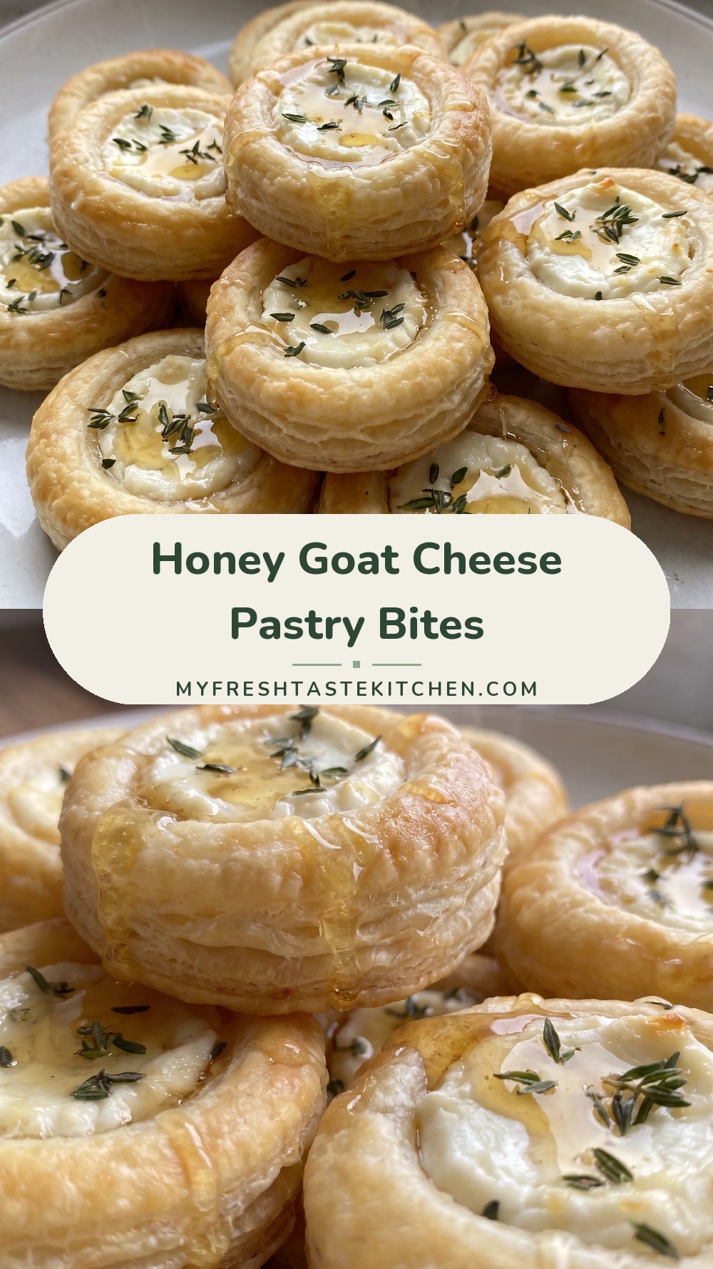 Golden puff pastry bites filled with creamy white goat cheese, drizzled with honey and sprinkled with fresh thyme.