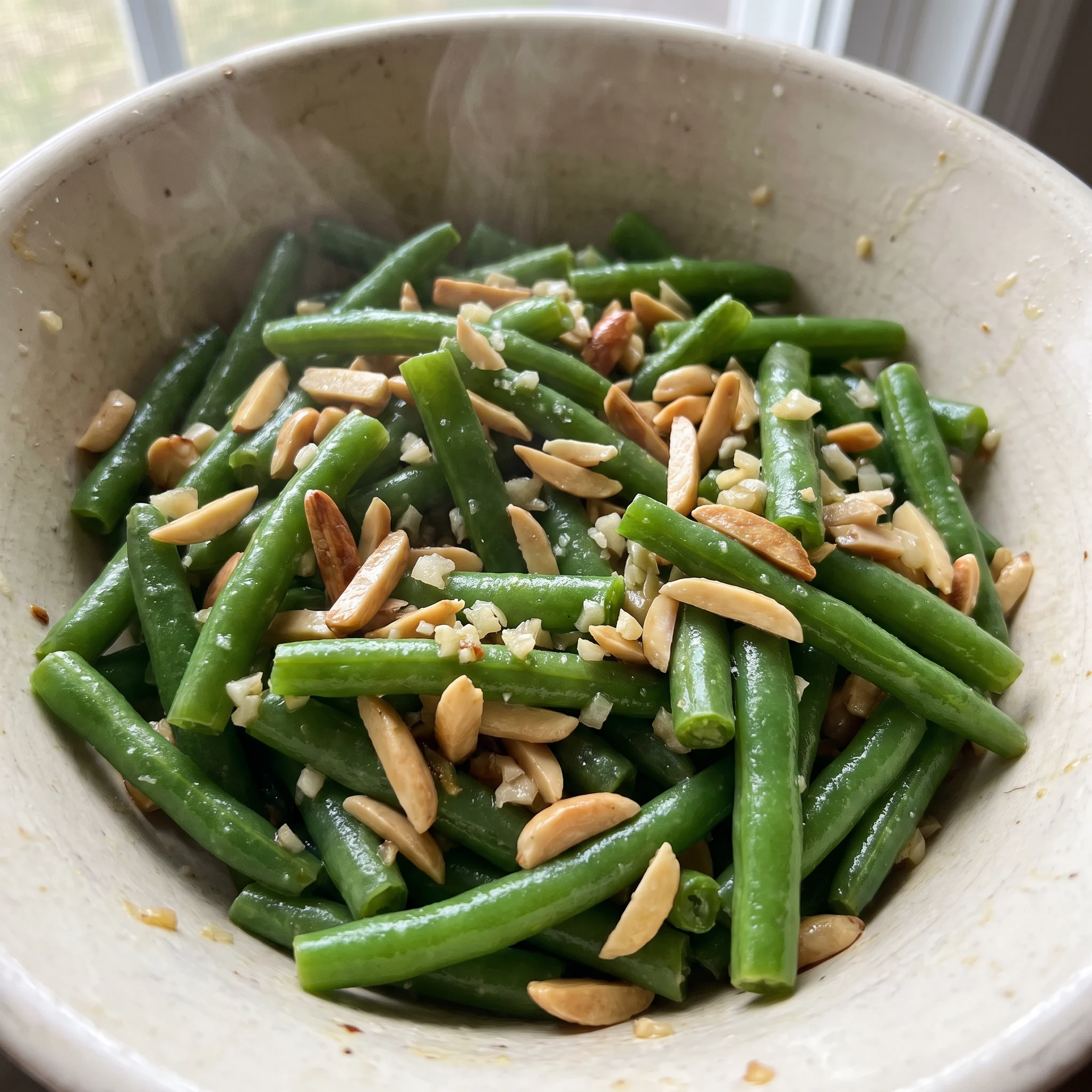 Green beans almondine with whole green beans, toasted almond slices, minced garlic, and butter sauce.