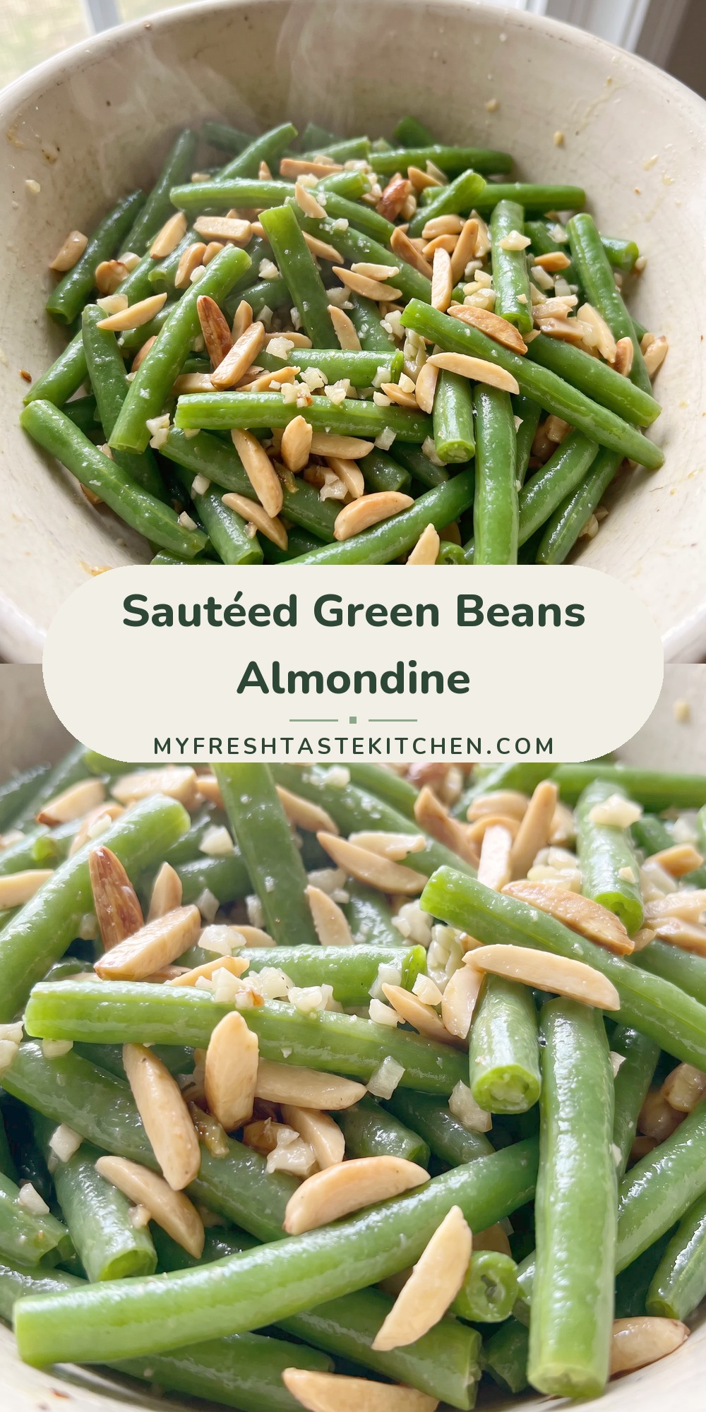 Bright green cut green beans with slivered almonds and garlic bits, lightly coated in butter, glistening on a fork.
