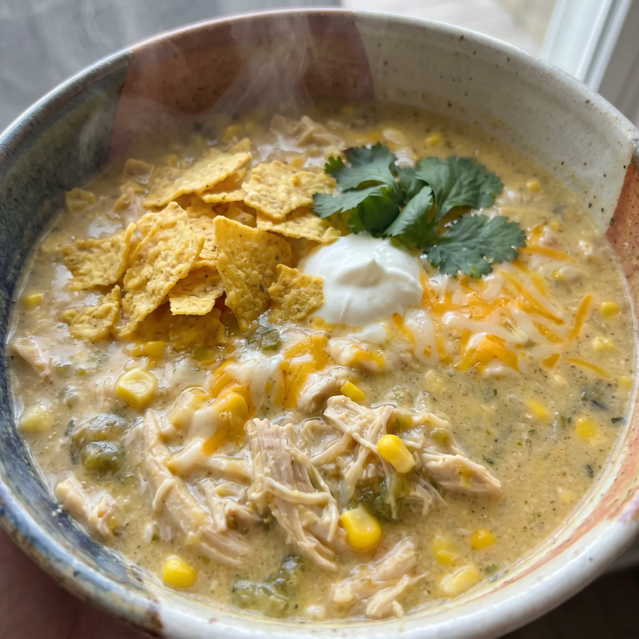 Green Chile Chicken Enchilada Soup with shredded chicken, white beans, corn, and green chiles in a creamy green sauce.