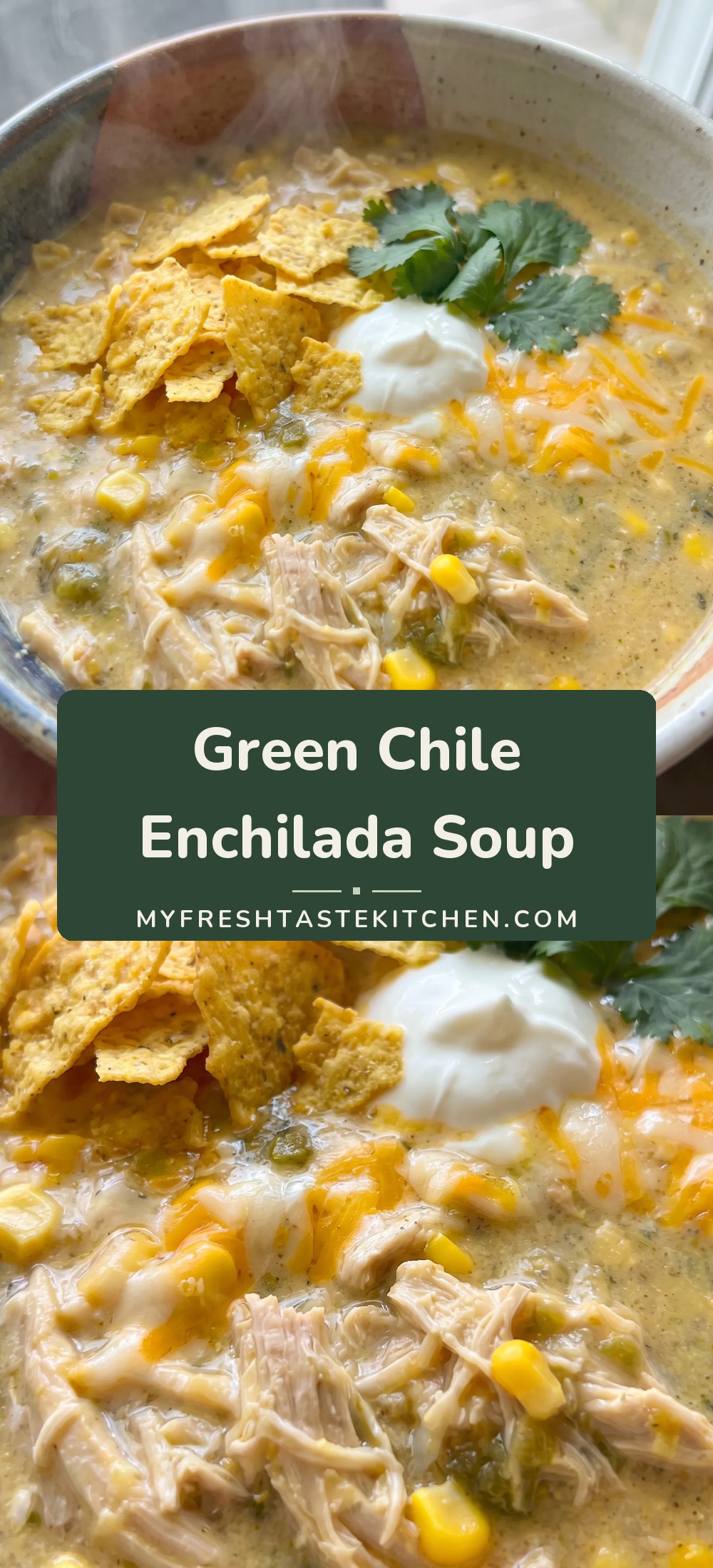 A creamy soup with chunks of chicken, white beans, corn, and green chiles in a light green broth, topped with melted cheese, sour cream, avocado, and cilantro.
