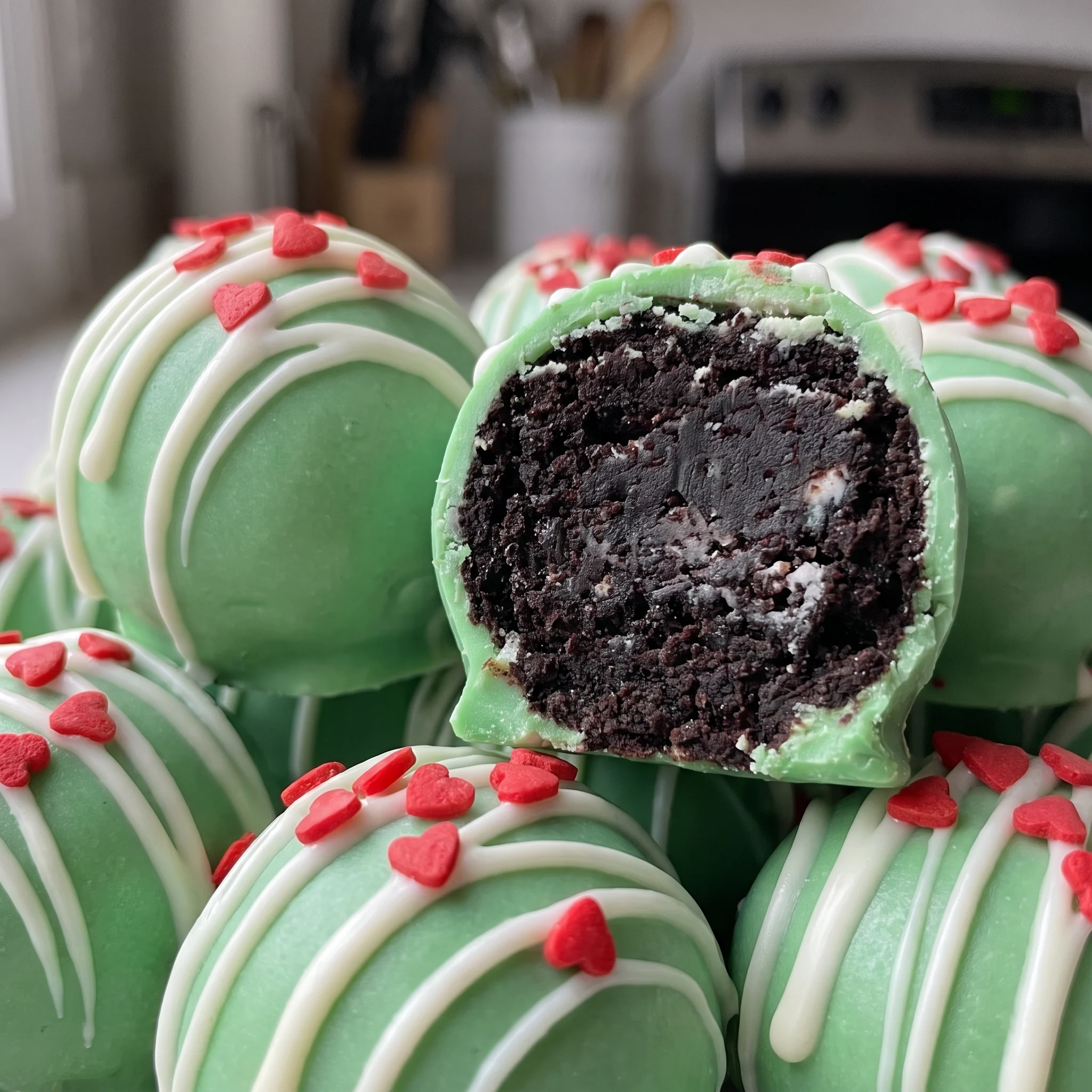 Green candy coating with red heart sprinkle, creamy cookie and cream cheese filling inside.