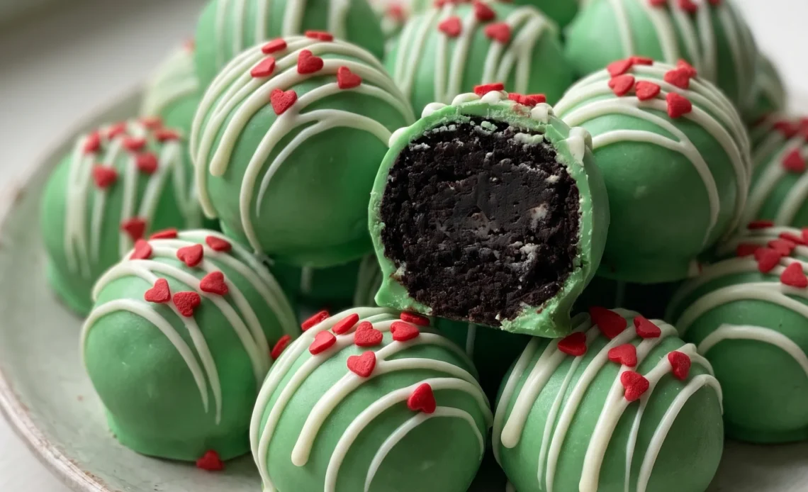 Grinch OREO balls, green candy-coated spheres with red heart sprinkles on top.