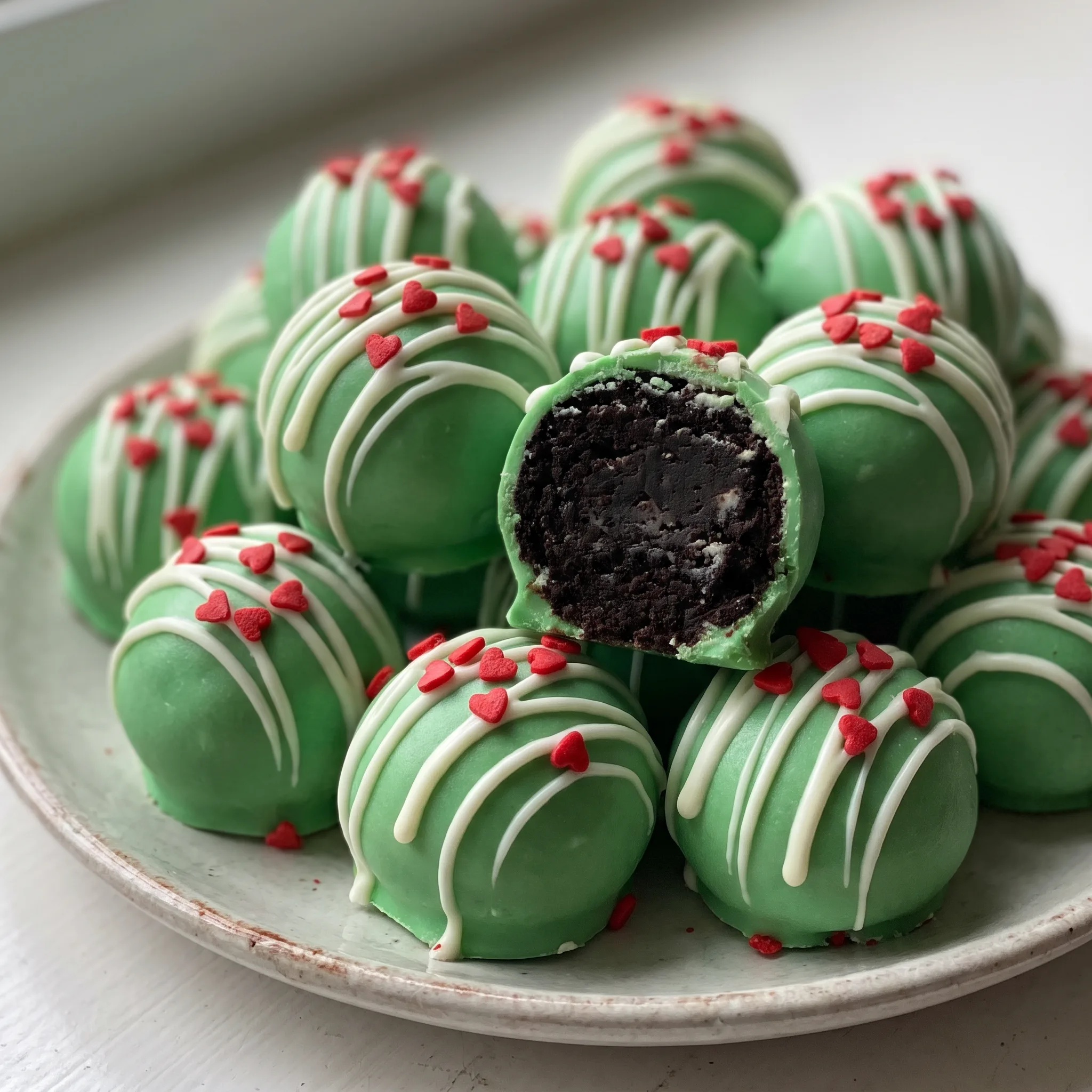 Grinch OREO balls, green candy-coated spheres with red heart sprinkles on top.