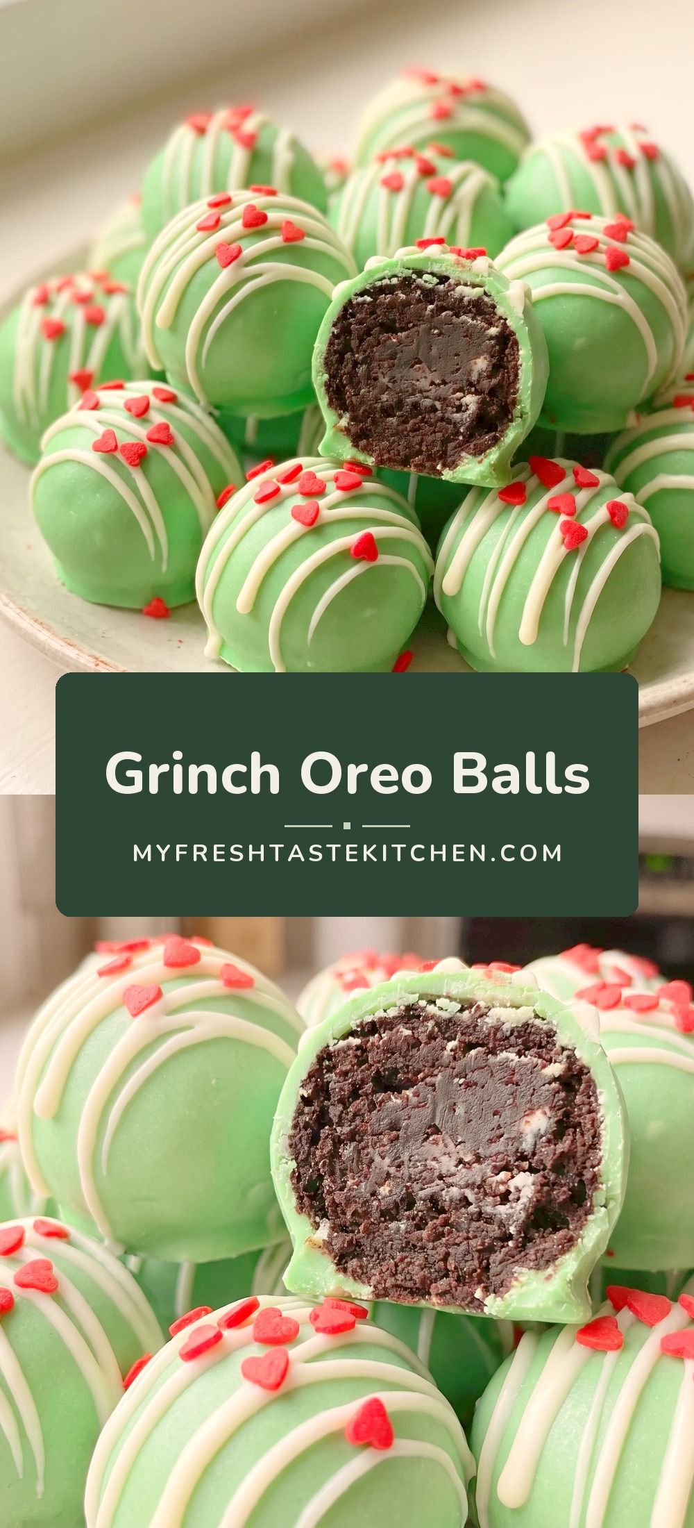 Green-coated OREO truffle balls topped with red heart sprinkles on a tray.
