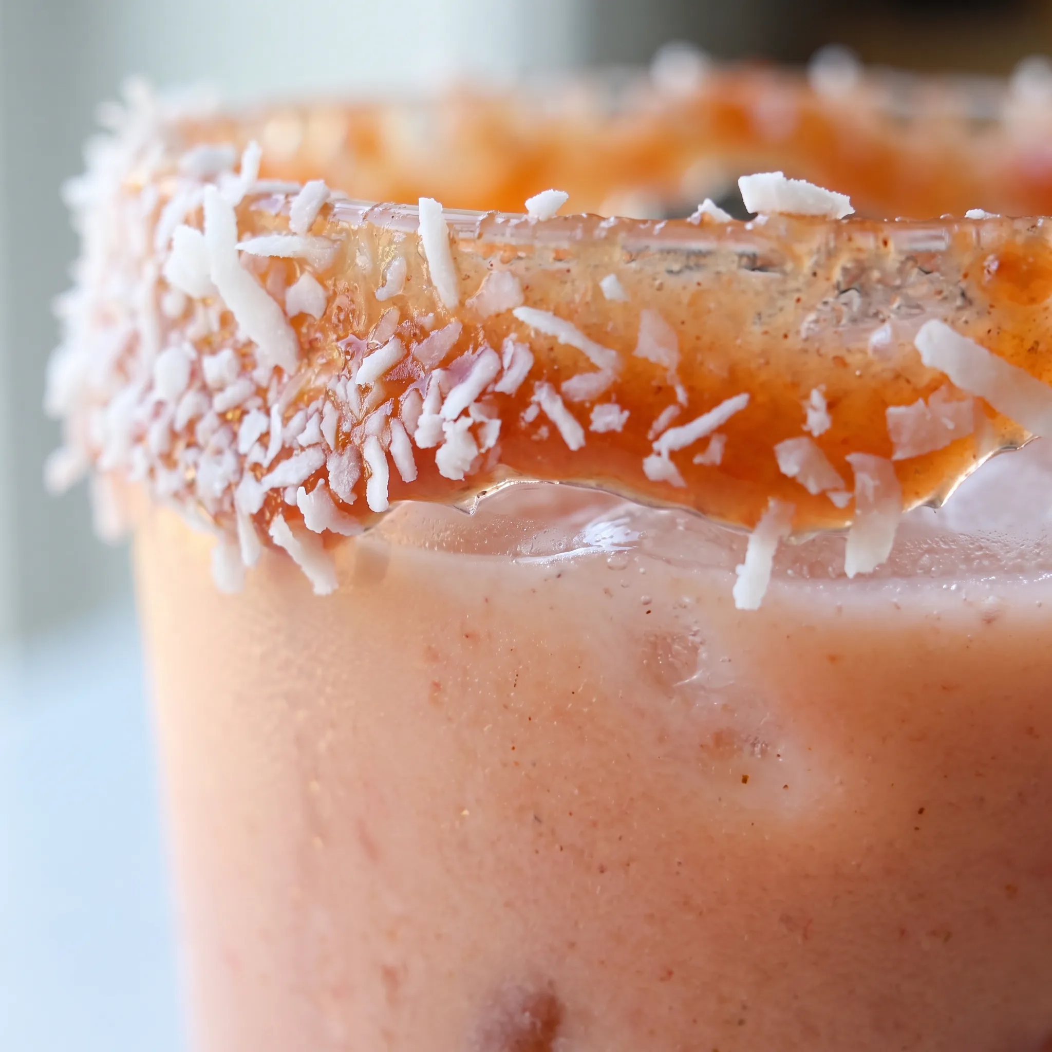 Creamy pale pink coquito with a glossy guava marmalade swirl and flecks of shredded coconut throughout.