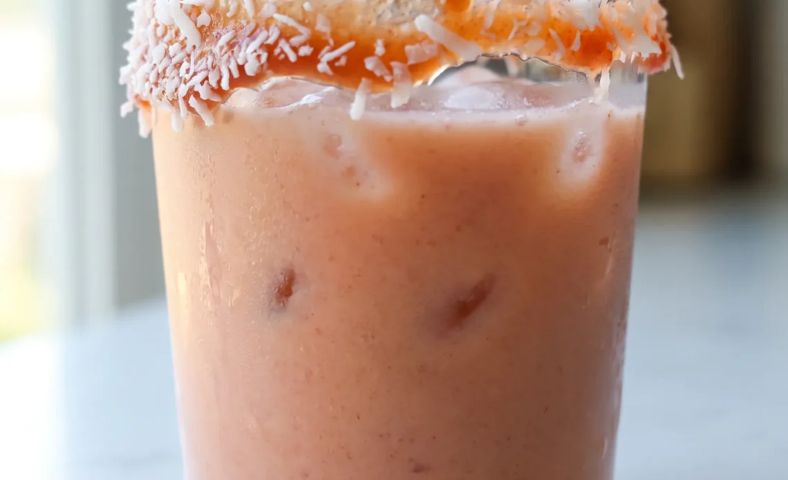Guava coquito in a glass with pale pink coconut cream, shredded coconut on top, and a swirl of guava marmalade.