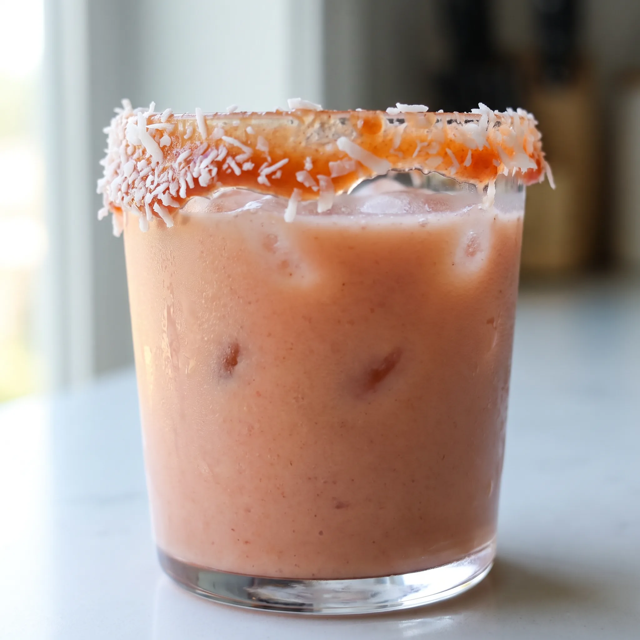Guava coquito in a glass with pale pink coconut cream, shredded coconut on top, and a swirl of guava marmalade.
