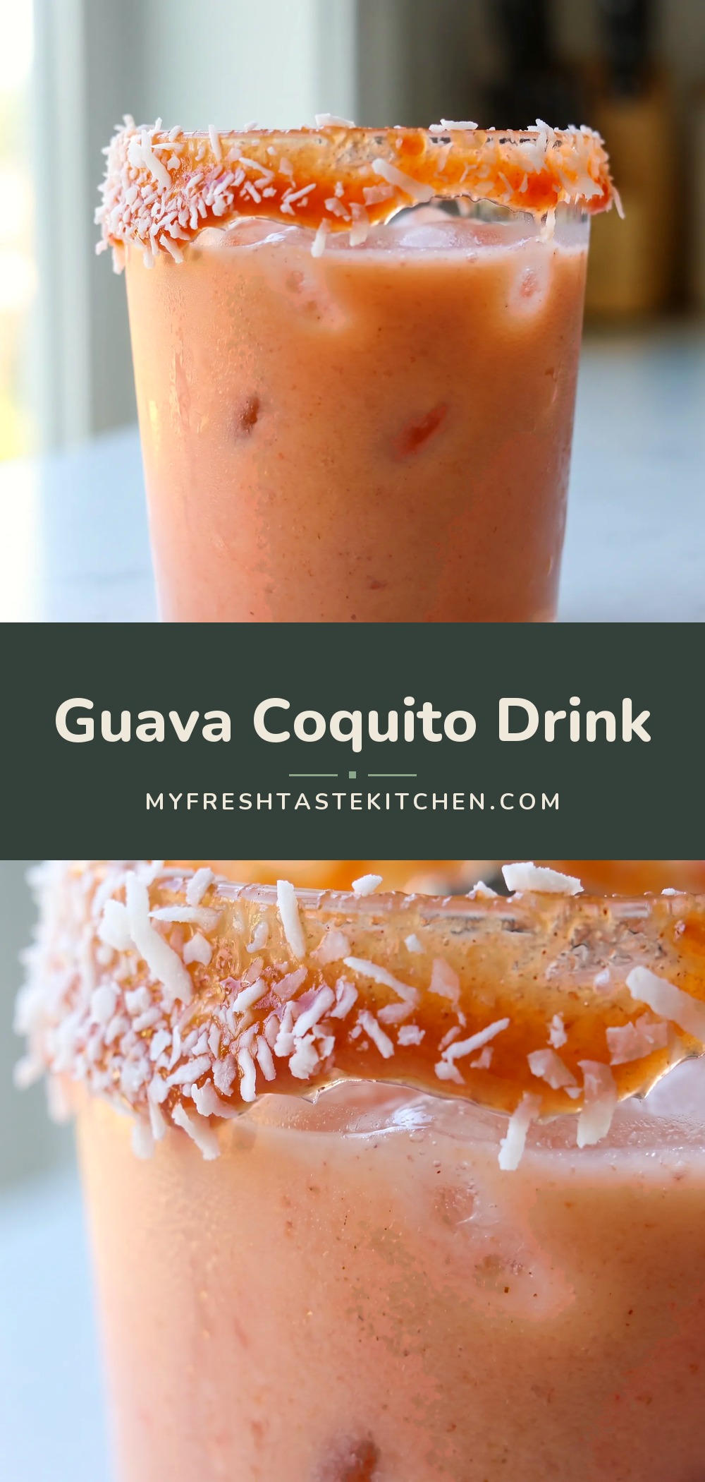 Creamy pale pink guava coquito blended with coconut milk and rum, topped with shredded coconut and guava marmalade.