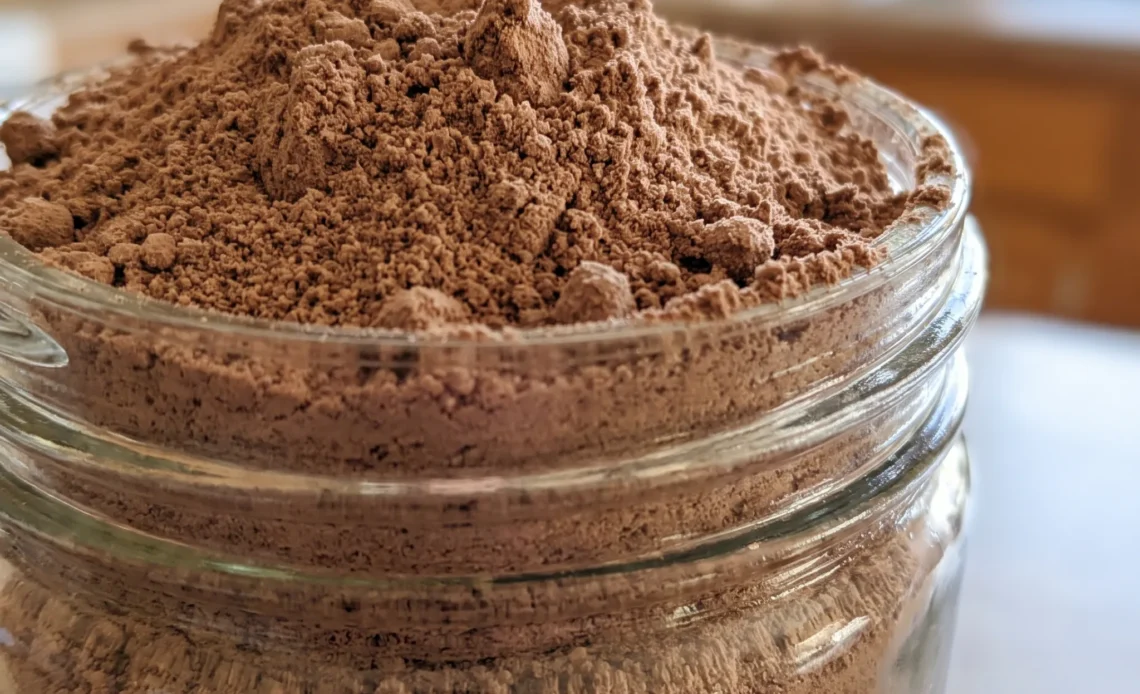 Finished hot cocoa mix in a bowl, with powdered milk and cocoa powder, white and brown powders mixed.