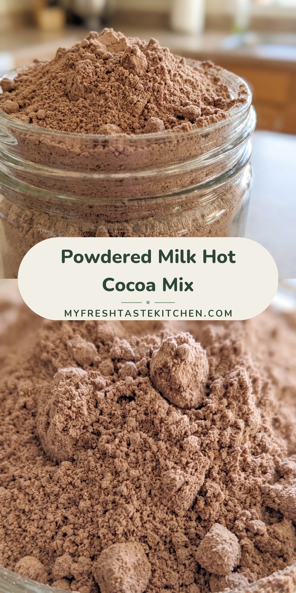 Powdered milk and cocoa powder sit in separate piles, one white and one brown, with fine textures.