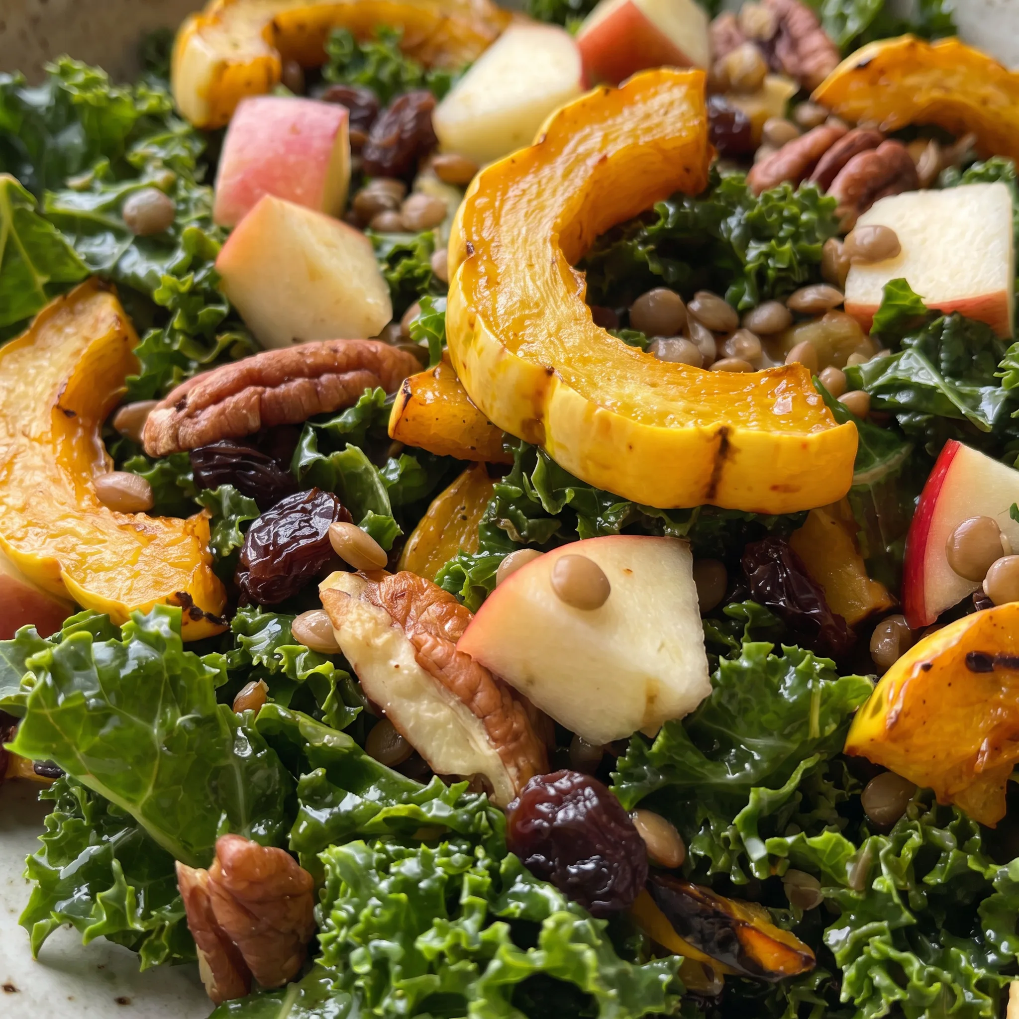 Kale leaves with creamy dressing, tender squash, crunchy pecans, and chewy raisins.