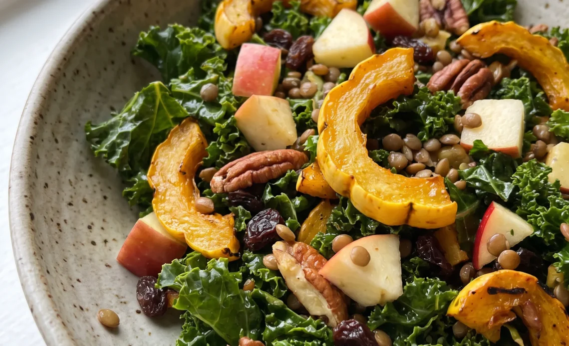 Autumn kale salad with roasted delicata squash slices, apple chunks, toasted pecans, lentils, and raisins.