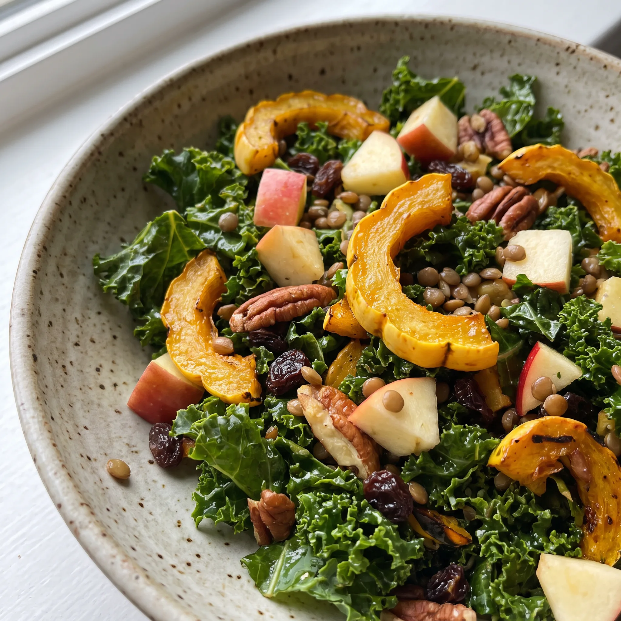 Autumn kale salad with roasted delicata squash slices, apple chunks, toasted pecans, lentils, and raisins.