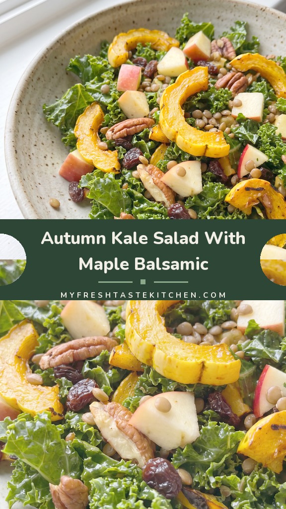 A colorful autumn salad with kale, roasted delicata squash slices, diced apple, pecans, lentils, and raisins.