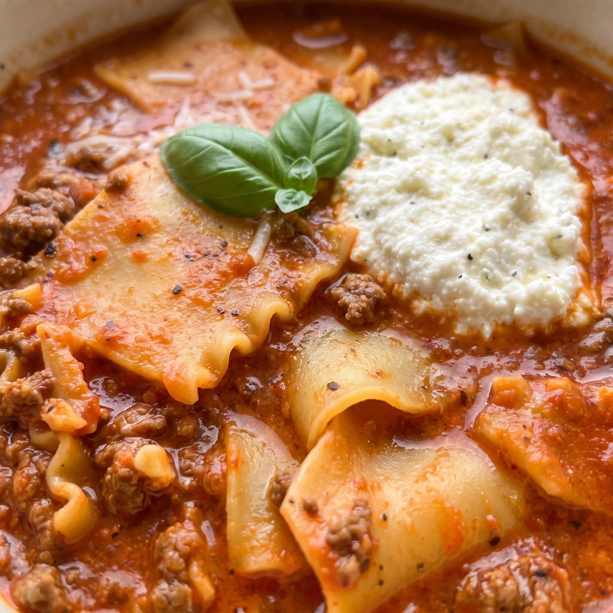 A spoonful of lasagna soup lifts a lasagna noodle sheet, with creamy ricotta, melted mozzarella, and grated parmesan over a rich tomato broth.