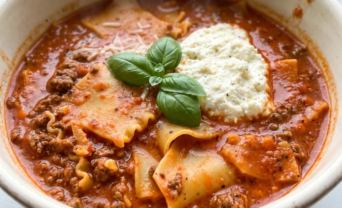 Lasagna soup with ground beef, broken lasagna noodles, and crushed tomatoes, topped with dollops of ricotta and sprinkled with mozzarella and parmesan.