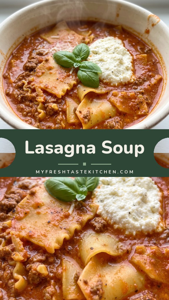 A rustic lasagna soup with ground beef, tomato broth, broken lasagna noodles, topped with a dollop of ricotta, shredded mozzarella, and grated Parmesan.