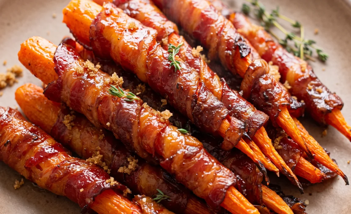 Maple bacon carrots with glazed orange carrots and crispy brown bacon bits.