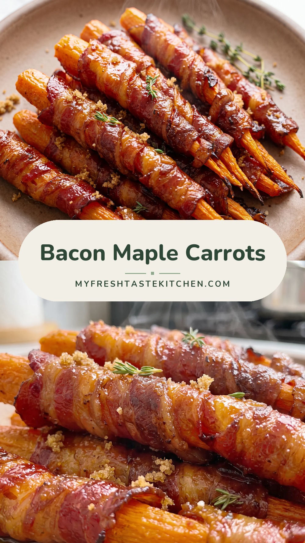 Crispy bacon-wrapped carrots glazed with glossy maple syrup, arranged in a single layer.