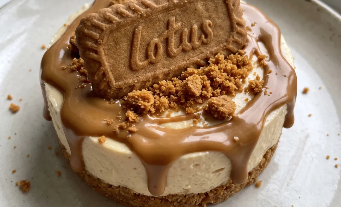 Mini Biscoff cheesecakes topped with cookie butter, each on a Biscoff cookie base.