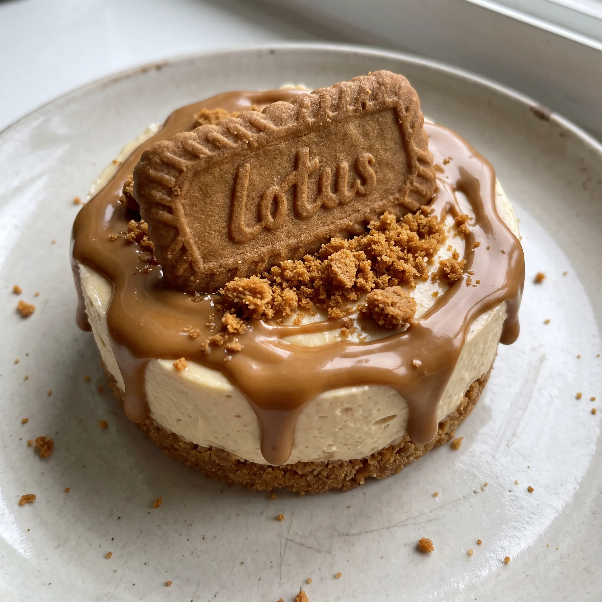 Mini Biscoff cheesecakes topped with cookie butter, each on a Biscoff cookie base.