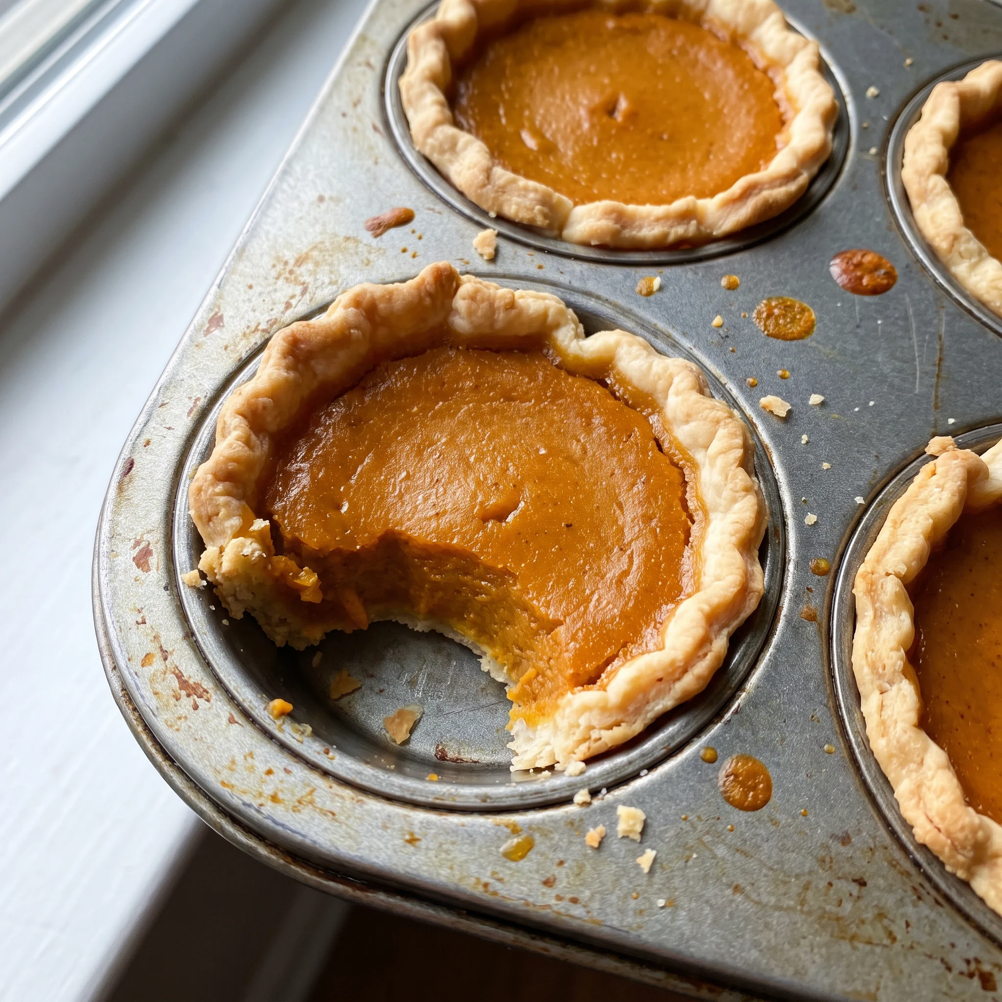 Creamy pumpkin filling with a glossy surface inside a golden, flaky crust.