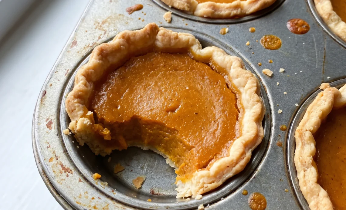 Mini pumpkin pies with smooth orange filling in fluted pie crusts.