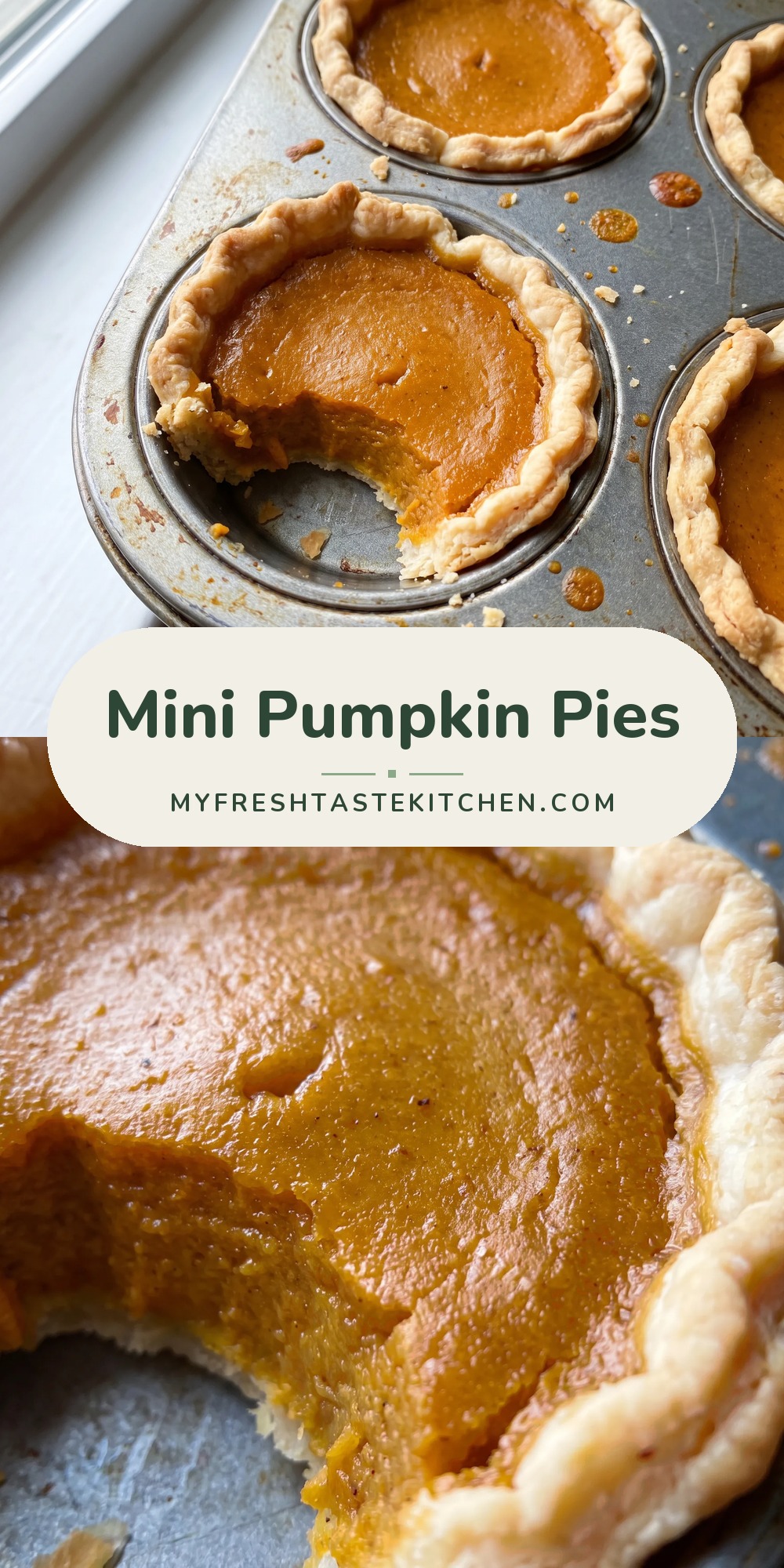 Mini pumpkin pies with golden crusts and smooth orange filling in muffin cups, topped with a dollop of whipped cream.