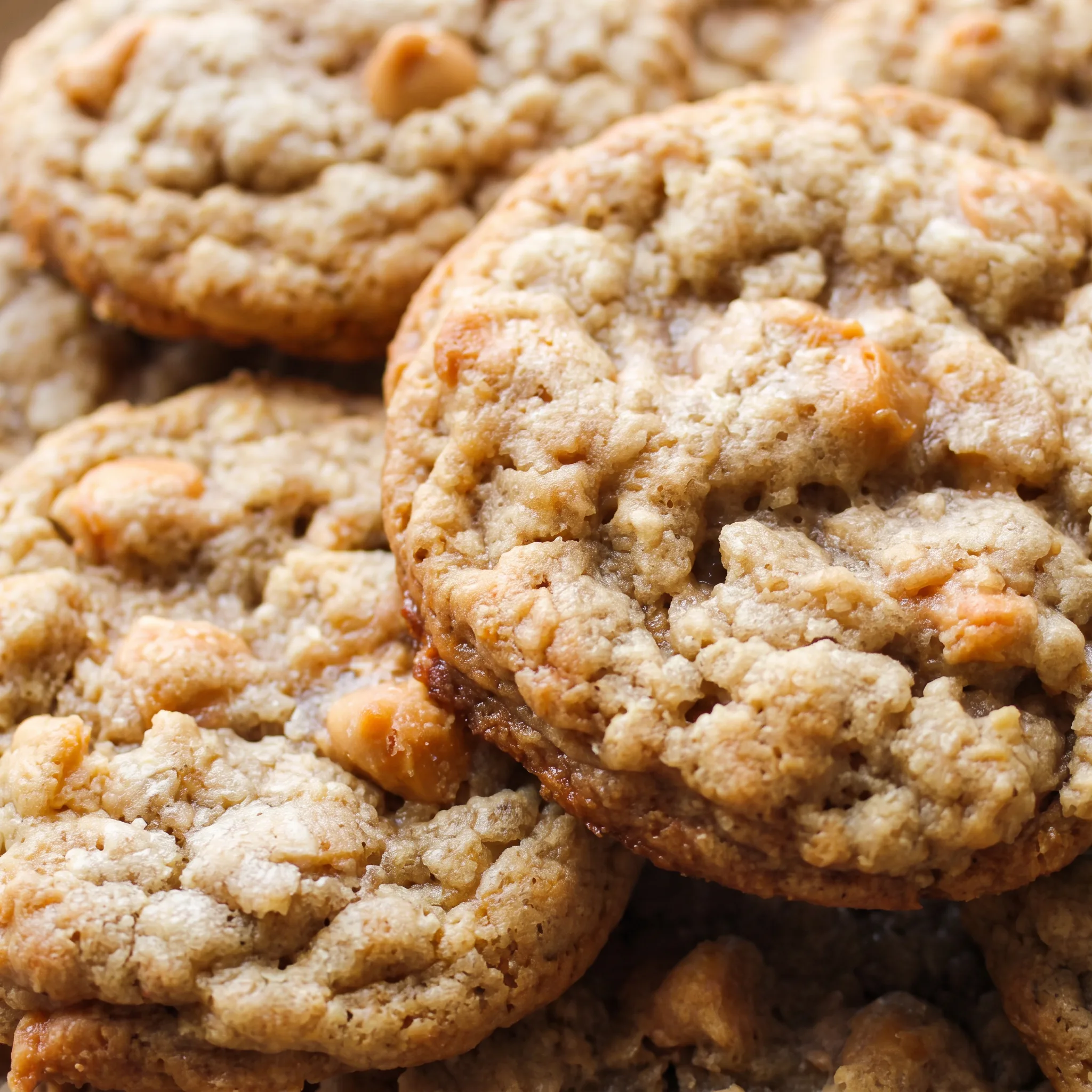 Oatmeal Scotchies cookie with visible oats and butterscotch chips, chewy texture and caramel-colored brown sugar edges.