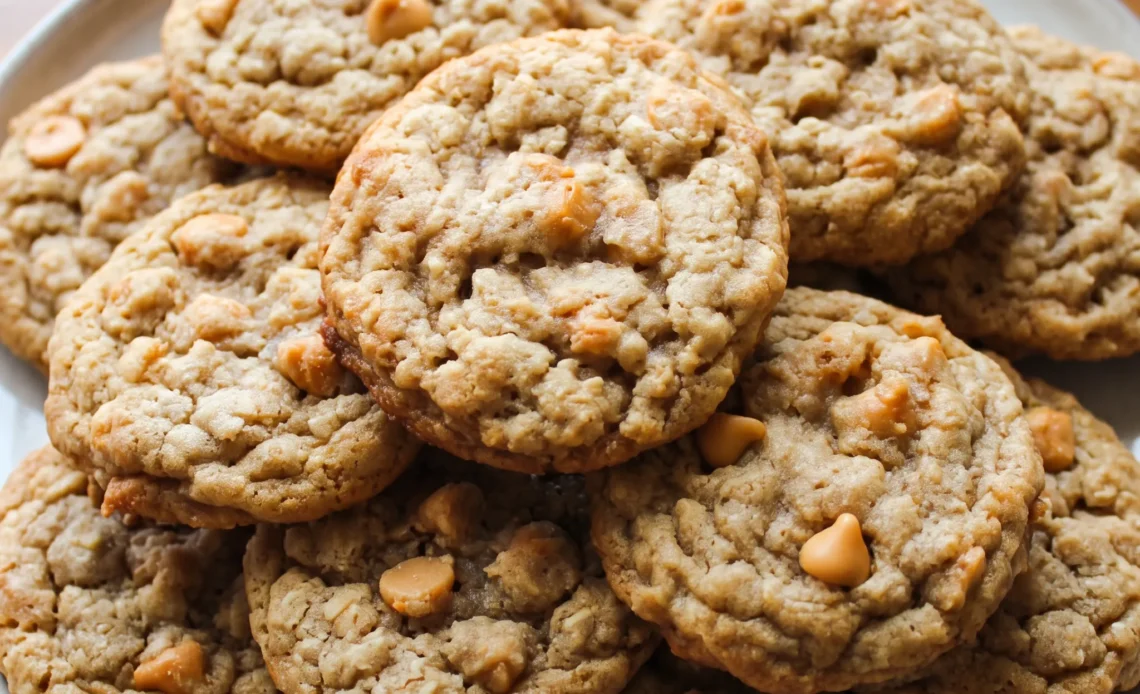Oatmeal Scotchies cookies with butterscotch chips, oats, and brown sugar, golden brown and dotted with melted chips.
