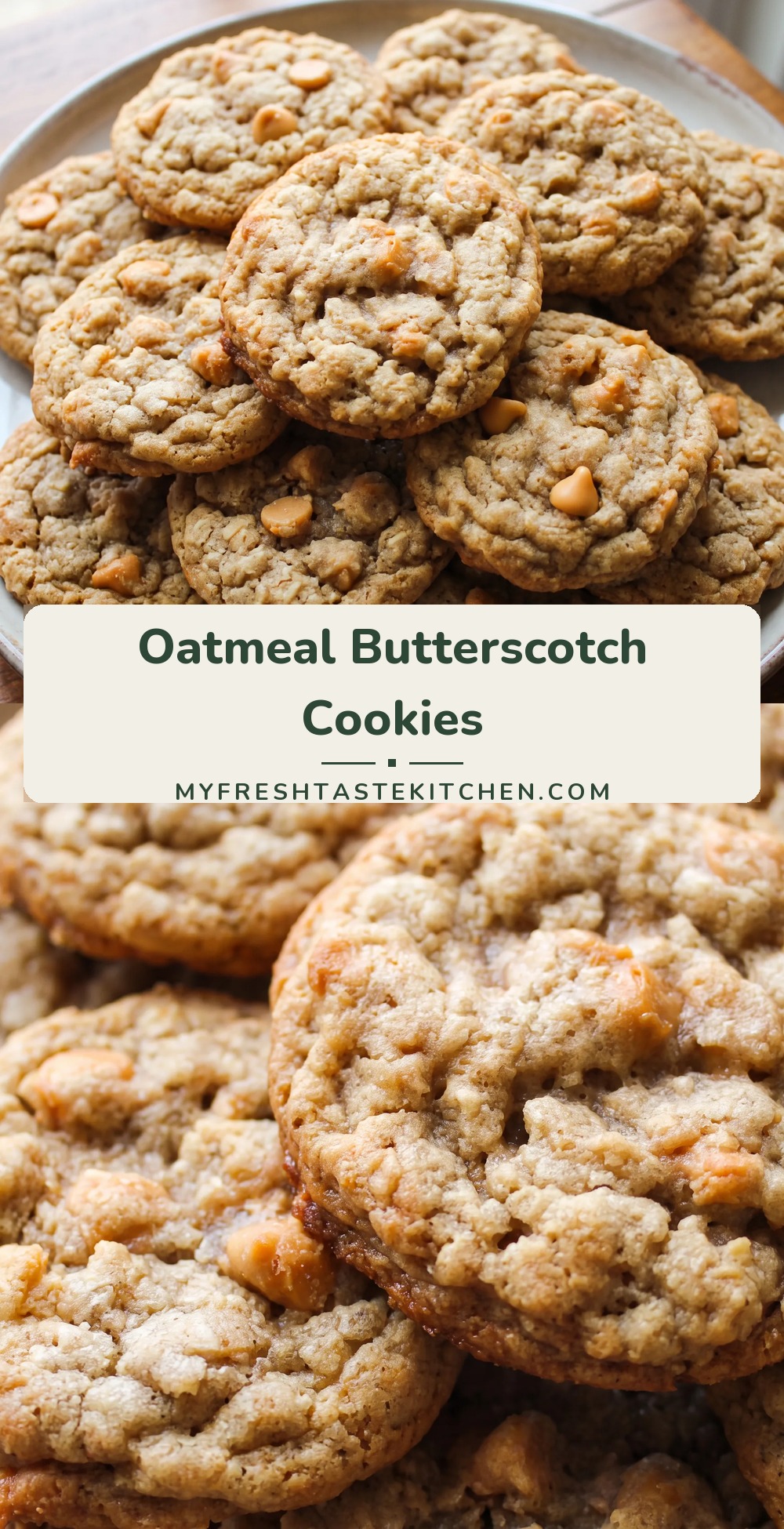 Golden brown oatmeal cookies with butterscotch chips, dotted with oats and brown sugar specks.