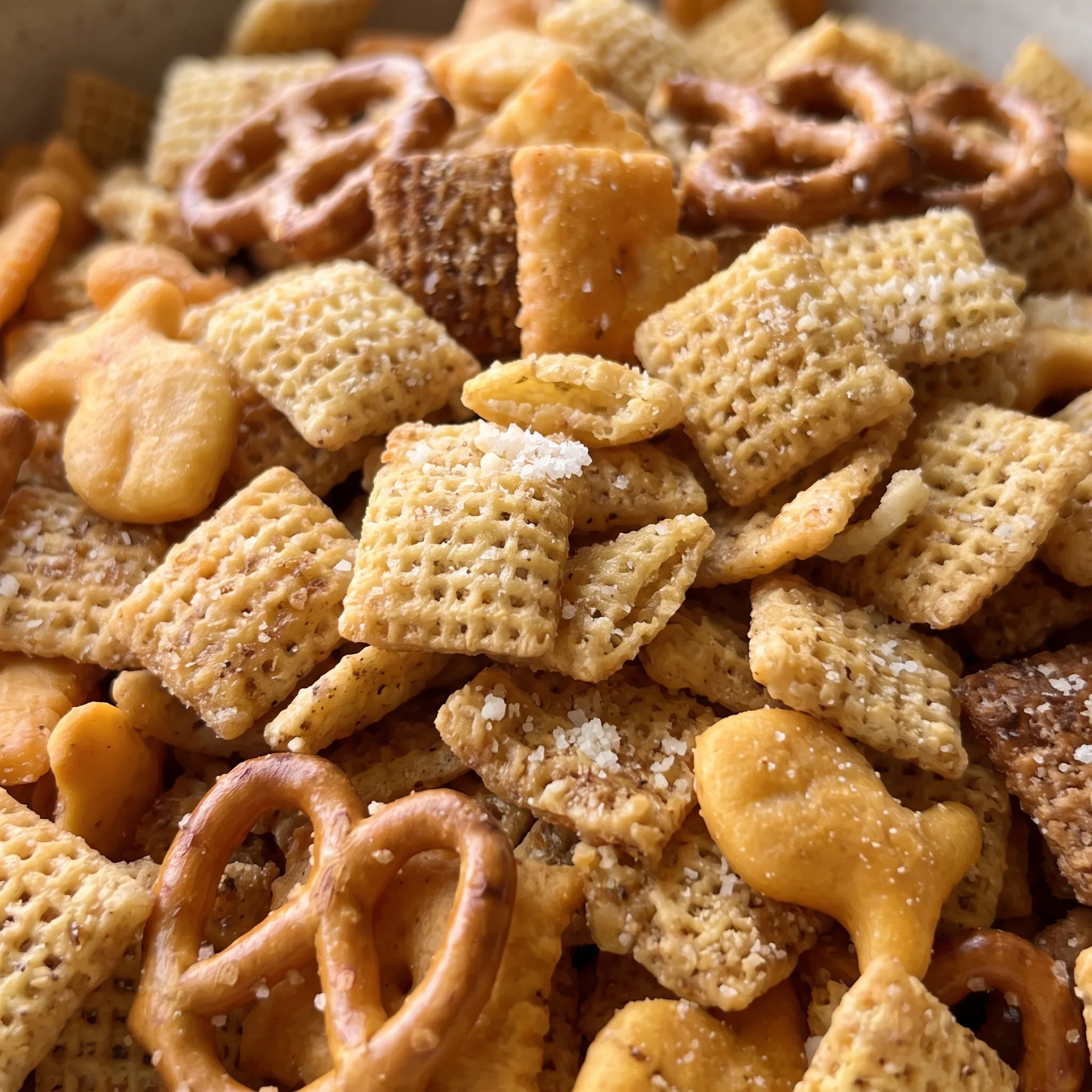 Crunchy Chex Mix pieces coated with garlic and Parmesan, showing a mix of textures from crispy cereal to salty pretzels.