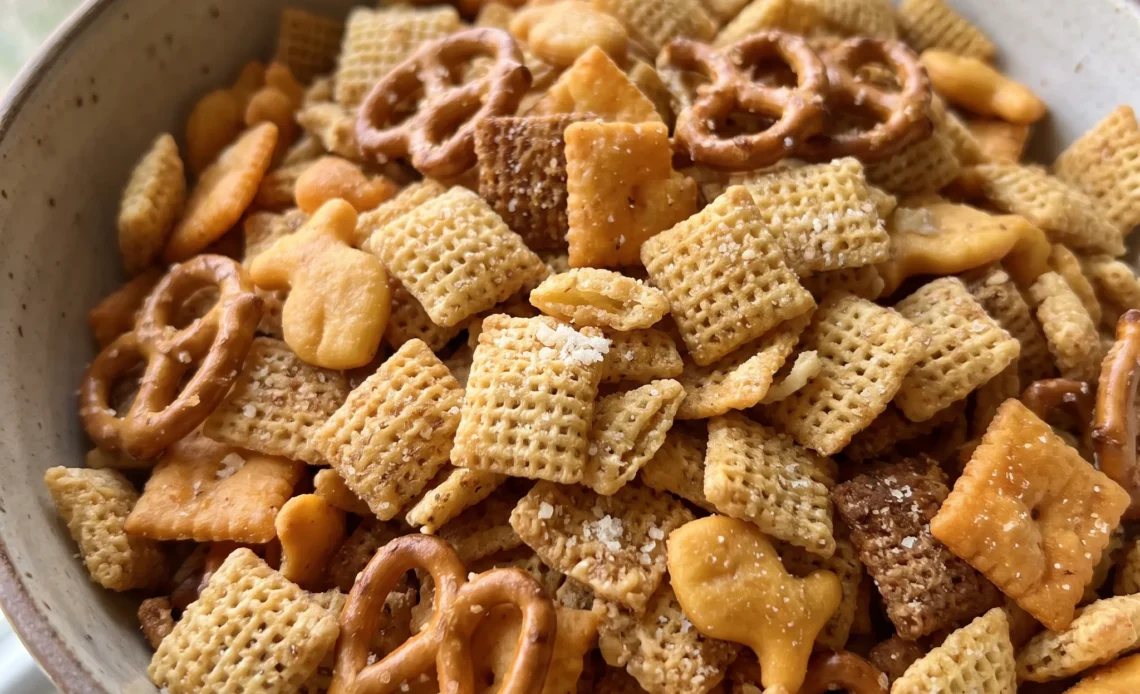 Parmesan Garlic Chex Mix with corn Chex, Goldfish, pretzel twists, Cheez-its, and Parmesan cheese.