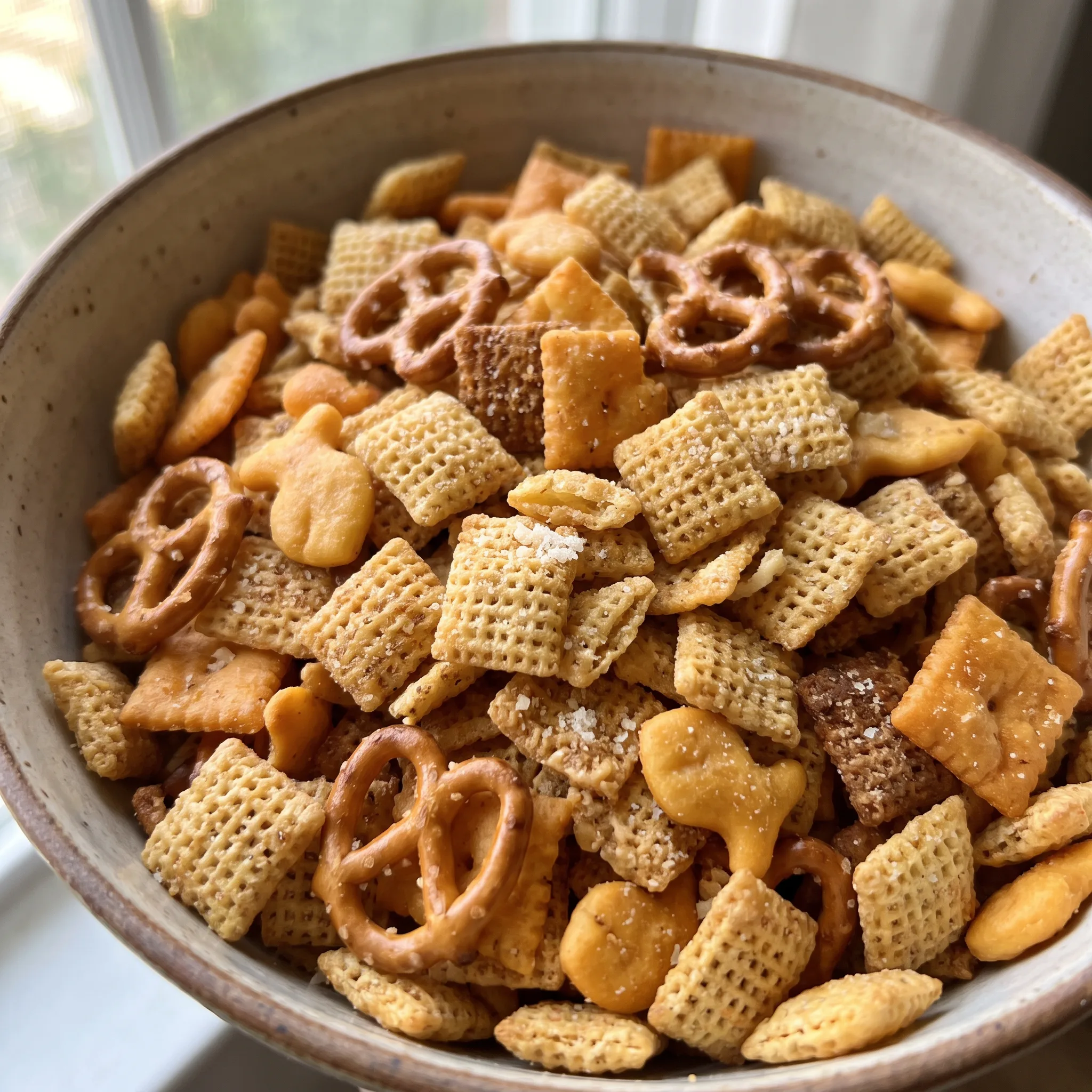Parmesan Garlic Chex Mix with corn Chex, Goldfish, pretzel twists, Cheez-its, and Parmesan cheese.